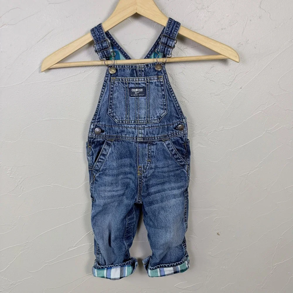 OshKosh B'gosh Denim Overalls Baby 18M Plaid‎ Lined Blue Carpenter Workwear